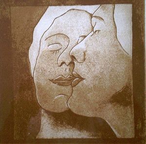 Αυθεντικός πίνακας έργο τέχνης λιθογραφία "το φιλί" της Γιούλικας Λακερίδου σε κορνίζα