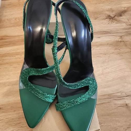 Coiled snake sculptural heel sandals, green, size 40