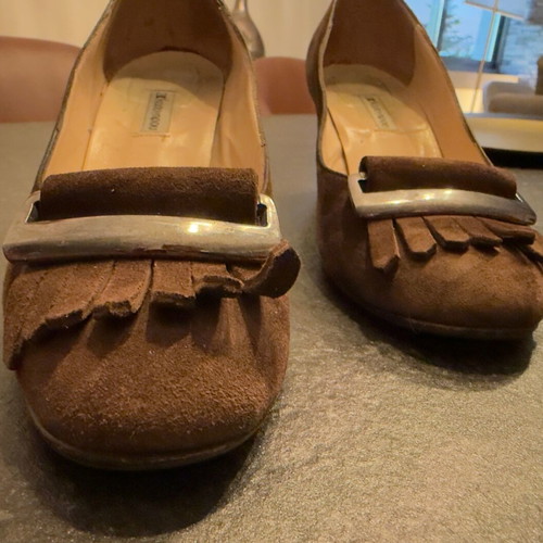 Kalogirou dark brown suede heeled loafers used with metal buckle and fringe size 38.5