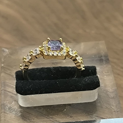Gold ring with purple square zircon and white stones, adjustable