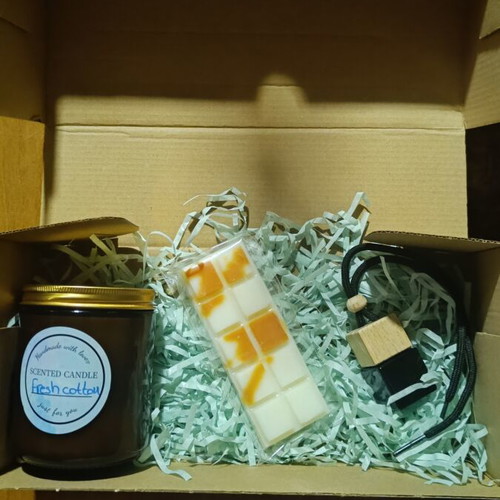 Premium Aromatherapy Gift Set with Handmade Soy Candle, Wax Melt & Car Scent