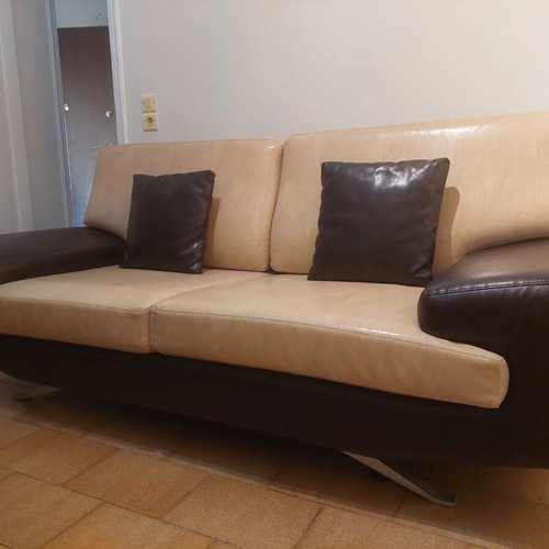 Sofa like new, genuine leather beige and brown with leather cushions
