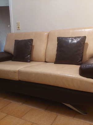 Sofa like new, genuine leather beige and brown with leather cushions
