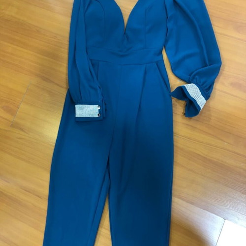 Elastic jumpsuit new, blue with rhinestones on cuffs