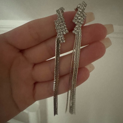 Evening silver earrings with rhinestones long