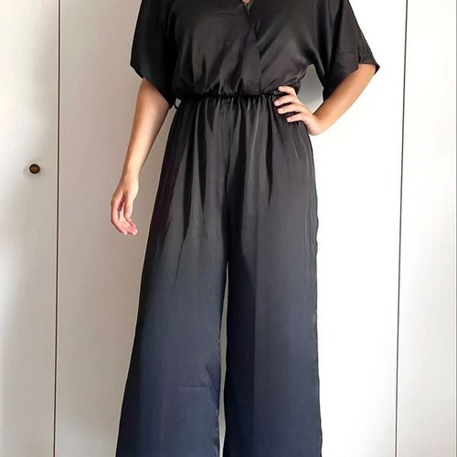 Black satin summer short-sleeve jumpsuit Deppy Joo, size S-M