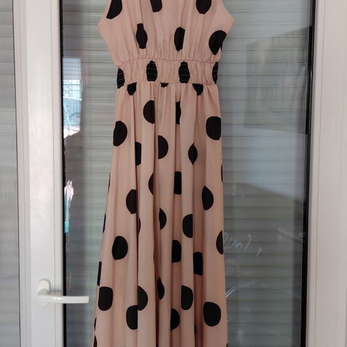 Polka dot long dress, beige, size S
