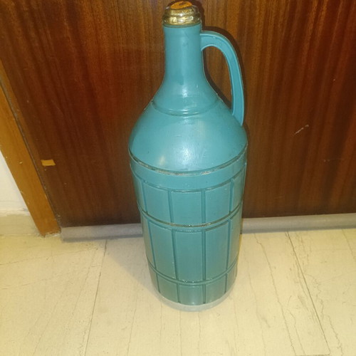 Vintage glass demijohn with protective case and handle, 50 cm