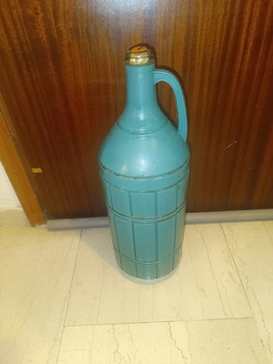Vintage glass demijohn with protective case and handle, 50 cm