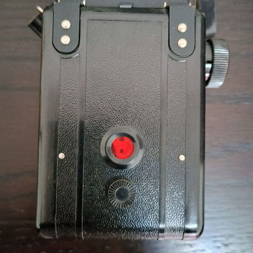 Lubitel 2 camera used with black leather case