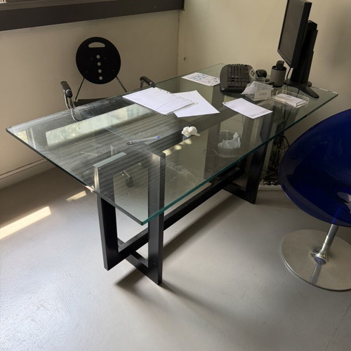 Glass desk and small auxiliary table used, thick safety glass, metal or wood base