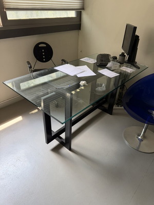 Glass desk and small auxiliary table used, thick safety glass, metal or wood base