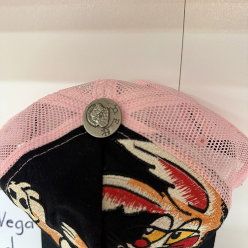 Ed Hardy trucker hat with cartoon rabbit embroidery, pink mesh back, like new