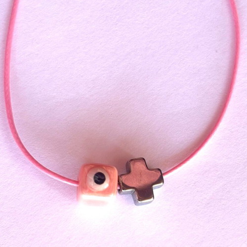 Necklace with eye and cross from natural hematite stone made to order