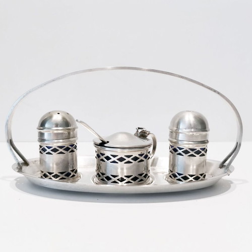 English vintage three-piece salt and pepper set used, silver-plated