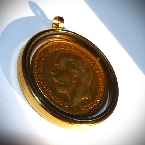English Gold Pound Pendant 22K Gold Plated in Glass Case