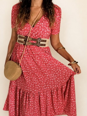 Zara red dress with white floral details, size M
