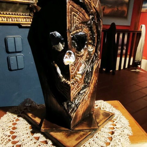 Handmade wooden carved table lamp skull with led lighting