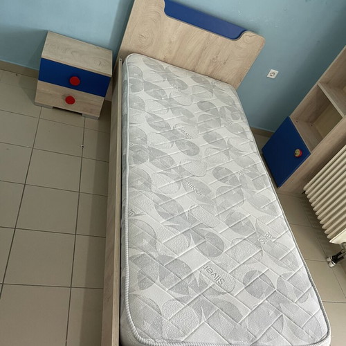 Children's bedroom set used with desk, bookshelf, nightstand, bed and mattress