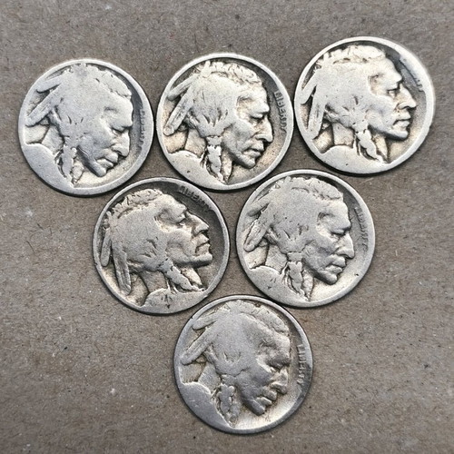 Five cents buffalo coins used, pack of 6 without date