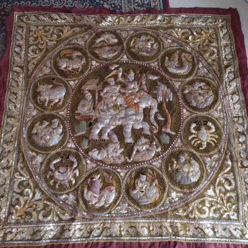 Kalaga used tapestry from Myanmar with embossed zodiac motifs