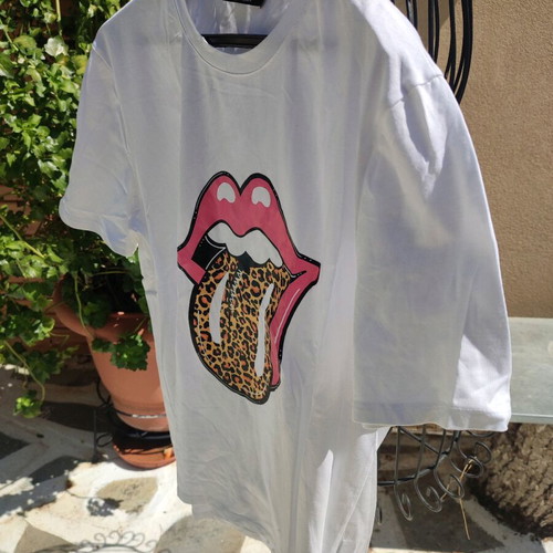 Short-sleeve t-shirt with Rolling Stones tongue print leopard, new, one size
