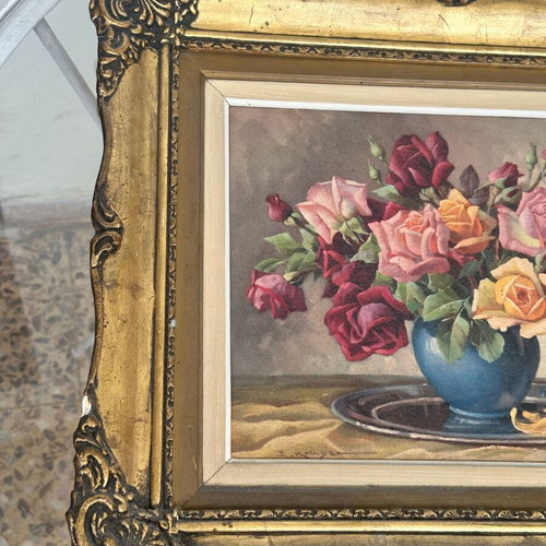 Vintage oil painting on canvas with roses in embossed gold wooden frame, used