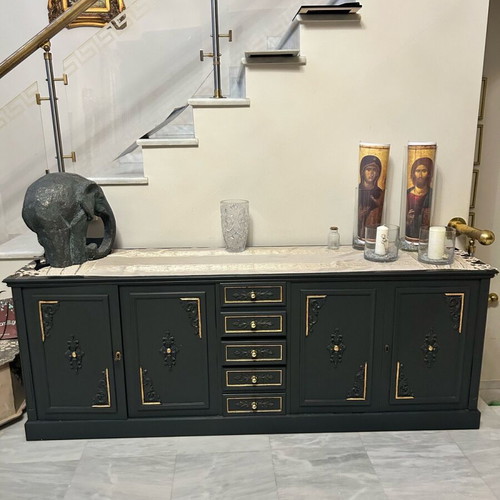 Handmade reconstructed buffet like new, anthracite with gold leaf details