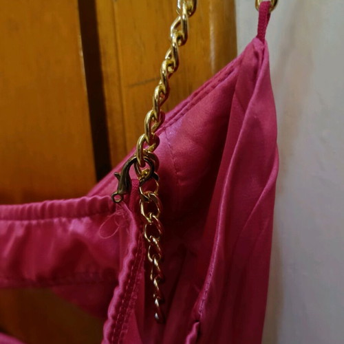 Satin fuchsia dress Marmalady like new with gathers and gold straps