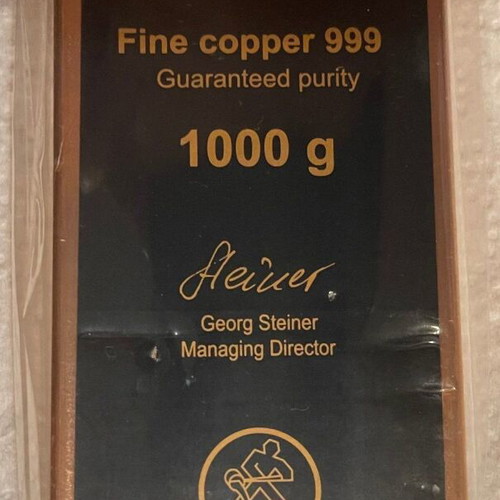 Collectible copper bars 999.9 like new, 2 x 1 kg, made in Germany