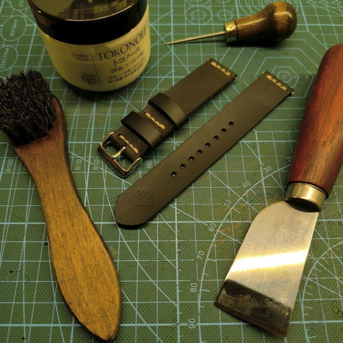 Handmade leather watch strap sewn by hand