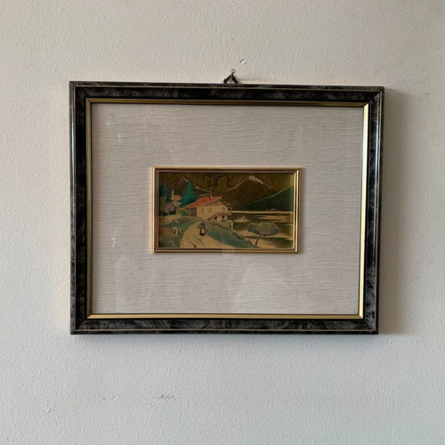 Painting Italian lithograph Serie Oro used with wooden frame