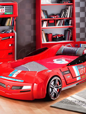 Children's car bed set used with lights, nightstand, drawers & bookshelf by Cilek