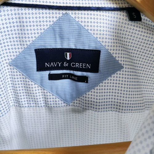 Navy & Green men's shirt white with blue pattern, new, size S