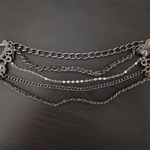 Belt Buckle Accessory used, black with rhinestones, chains and cord