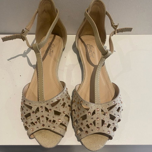 Peep toe sandal No 41 used, beige with rhinestones