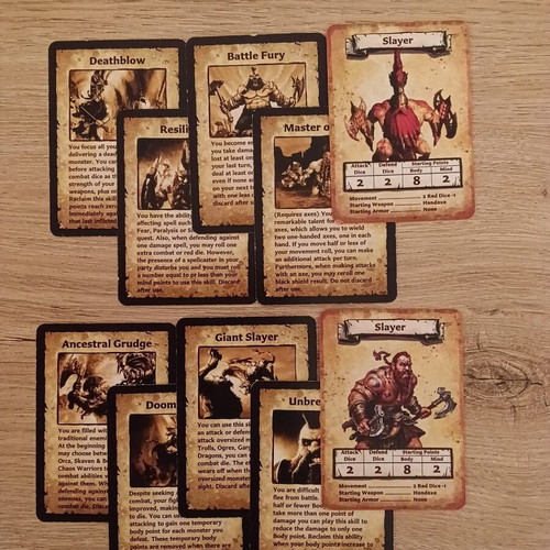 HeroQuest Slayer Hero card set with 8 skill cards like new