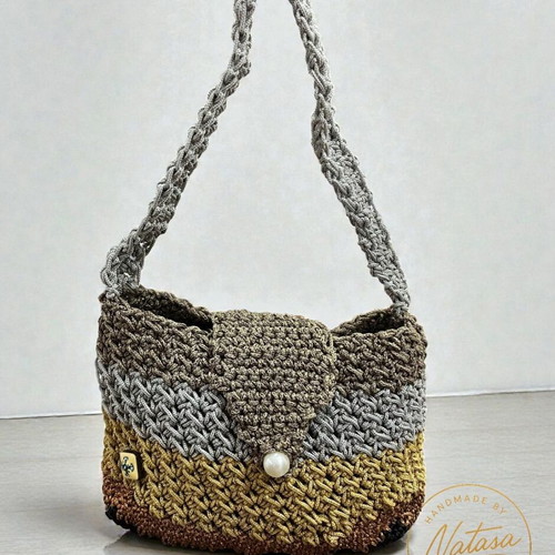 Handmade knitted shoulder bag new in gray and beige tones