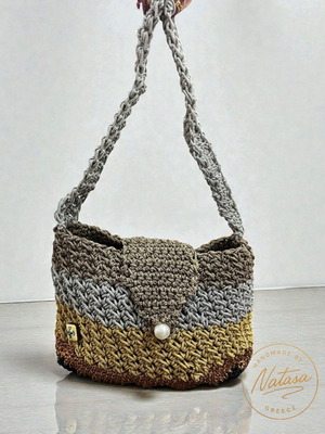 Handmade knitted shoulder bag new in gray and beige tones