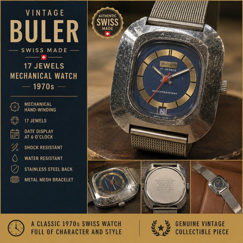 Buler Vintage Swiss Made 17 Jewels Mechanical Watch 1970s