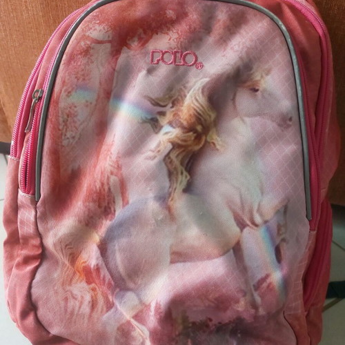 Polo backpack like new, pink multicolor with cushions and waist strap