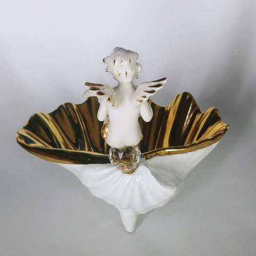 Decorative bowl fontaniera Angel on Pearl used, porcelain with Swarovski