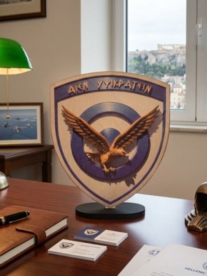 Ξύλινος επιτραπέζιος θυρεός Πολεμικής Αεροπορίας «ΑΙΕΝ ΥΨΙΚΡΑΤΕΙΝ»