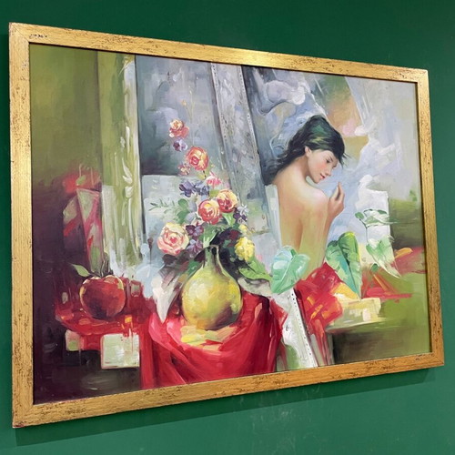 Oil painting used, unique with golden frame, girl theme