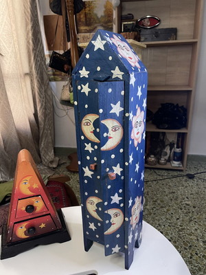 Vintage ξύλινο boho ντουλαπάκι αποθήκευσης Ήλιος & Φεγγάρι