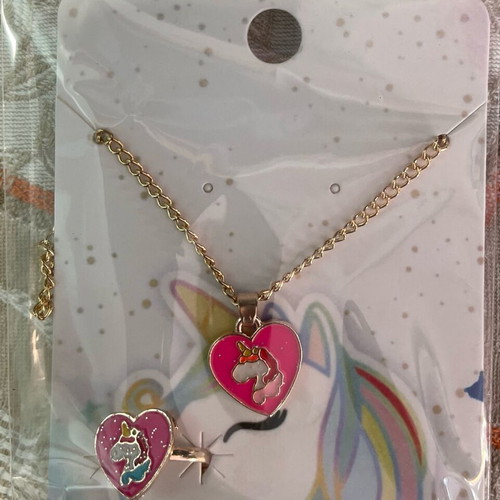 Children's jewelry set new, pink heart-shaped with unicorn
