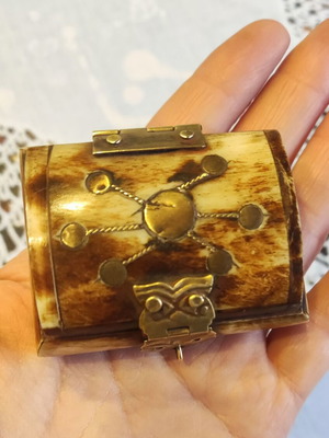 Vintage Mini Jewelry Box from Bone and Brass with Velvet Interior, Like New