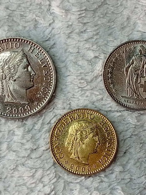 Swiss Coins used, set of 3, 2009 5 and 20 Rappen, ½ Franc