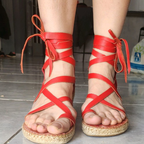 Leather red lace up espadrilles like new, size 40