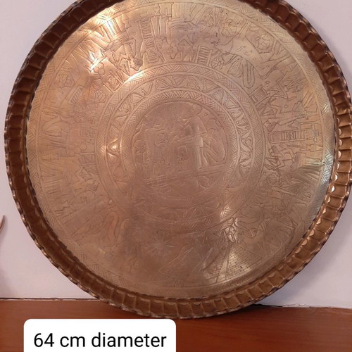 Bronze tray used with Egyptian designs and folding wooden stand